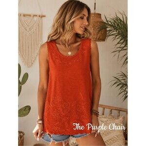 SOFT SURROUNDINGS NWT Boho Fiery Orange Floral Embroidered Sleeveless Top S